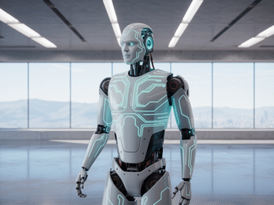 Un robot humanoïde aux lignes bleues lumineuses et aux articulations mécaniques se tient dans une pièce spacieuse et moderne, reflétant l'esprit d'innovation de Waikuu, une agence digitale, avec de grandes fenêtres montrant un paysage urbain et des montagnes en arrière-plan.