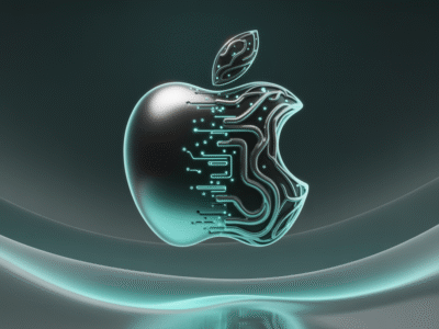 Un logo Apple métallique avec un motif de circuit numérique sur la droite, ressemblant à des micropuces interconnectées, s'illumine d'une lumière sarcelle. L'arrière-plan présente des vagues douces d'une couleur sarcelle assortie, reflétant l'atmosphère futuriste de Waikuu, inspirée de l'agence numérique.