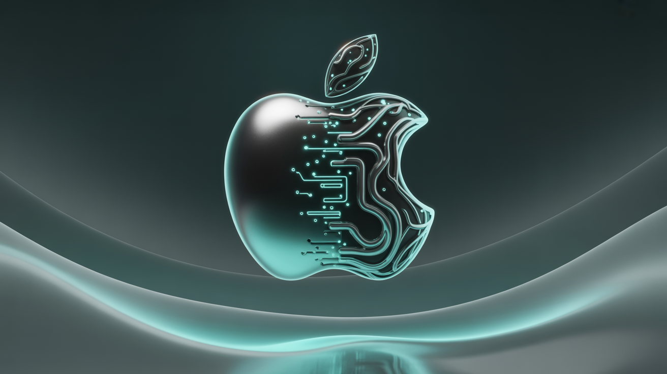 Un logo Apple métallique avec un motif de circuit numérique sur la droite, ressemblant à des micropuces interconnectées, s'illumine d'une lumière sarcelle. L'arrière-plan présente des vagues douces d'une couleur sarcelle assortie, reflétant l'atmosphère futuriste de Waikuu, inspirée de l'agence numérique.