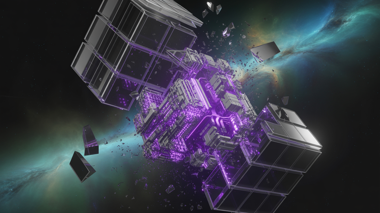 Un satellite futuriste aux lumières violettes, marqué par Waikuu agence digitale, se brise dans l'espace, dispersant des éclats métalliques. La nébuleuse vibrante et les étoiles lointaines soulignent la destruction high-tech et l'élégance numérique de ses composants.