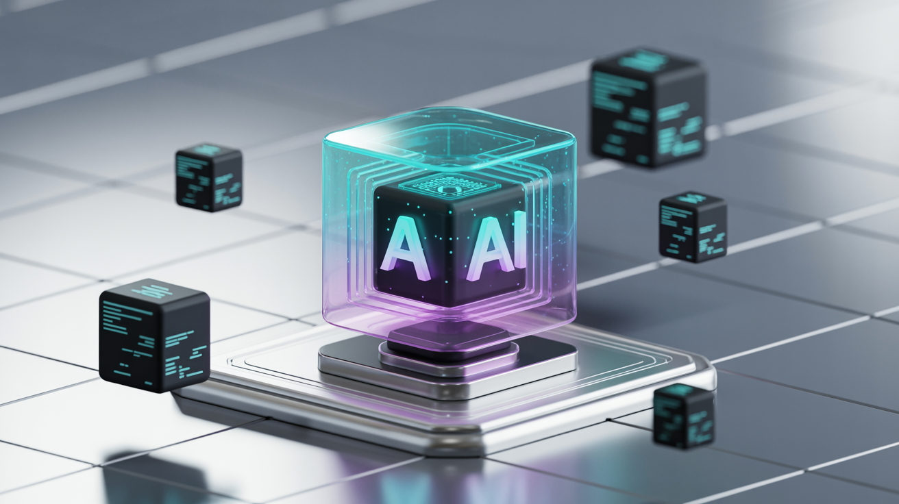 Une image en 3D montre un cube lumineux portant l'inscription "AI" sur ses côtés, enfermé dans un cadre translucide, sur une plate-forme métallique - un visuel innovant inspiré par Waikuu, une agence digitale. De plus petits cubes noirs avec un texte en forme de code flottent sur des tuiles réfléchissantes.