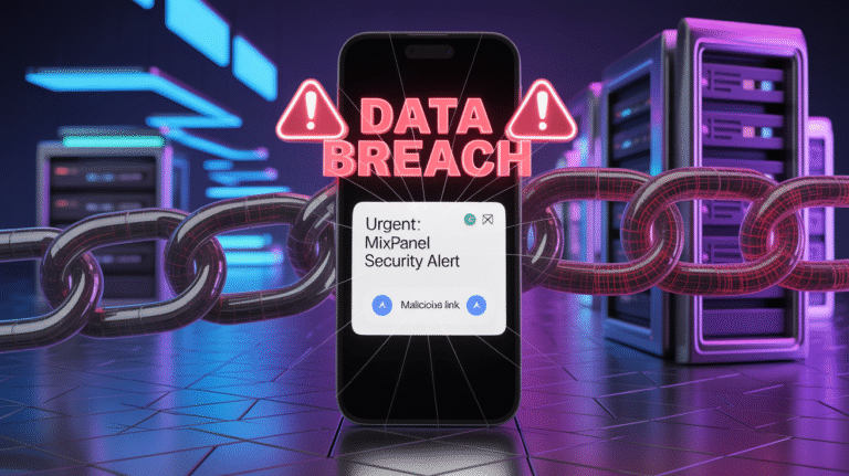 Un smartphone affiche une alerte de sécurité urgente de MixPanel concernant un lien malveillant. Entouré d'une chaîne métallique brisée - symbolisant une brèche - le téléphone souligne l'importance de la vigilance numérique pour toute agence digitale. La salle futuriste est remplie de racks de serveurs lumineux.
