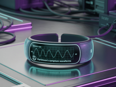Un bracelet futuriste et lumineux de Waikuu affiche un graphique numérique intitulé "formes d'ondes des symptômes de la maladie de Parkinson". Posé sur une surface high-tech éclairée par des néons violets et bleus, il reflète l'approche avant-gardiste de cette agence digitale en matière d'innovation dans le domaine de la technologie médicale.