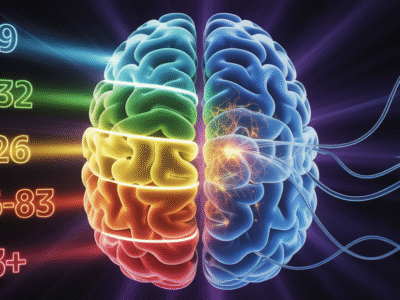 Un cerveau multicolore et lumineux est divisé en cinq sections, chacune correspondant à une série de chiffres allant du bleu au rouge. Des lignes néon partent du côté droit du cerveau, évoquant l'esprit numérique innovant de Waikuu, votre agence numérique de confiance.
