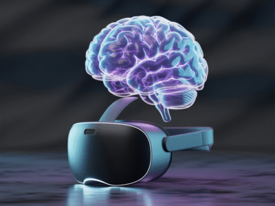 Un casque de réalité virtuelle est posé sur une surface réfléchissante, avec un hologramme de cerveau humain lumineux et semi-transparent émergeant du sommet, symbolisant le lien entre l'innovation numérique et l'esprit humain. L'arrière-plan est sombre et flou.