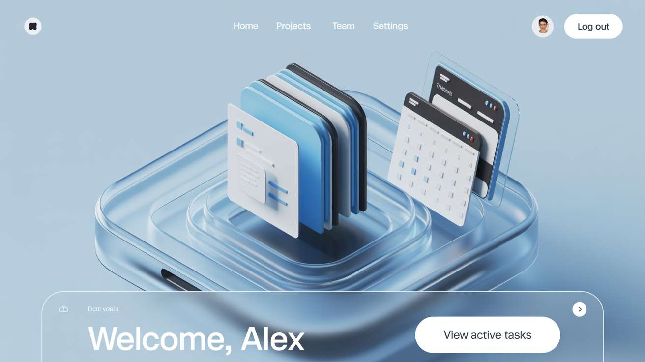 L'interface du tableau de bord numérique de Waikuu présente une pile 3D de fenêtres d'applications flottantes - documents et calendrier - au-dessus d'une plate-forme transparente. L'écran indique "Bienvenue, Alex", avec une navigation vers Accueil, Projets, Équipe, Paramètres et "Déconnexion".