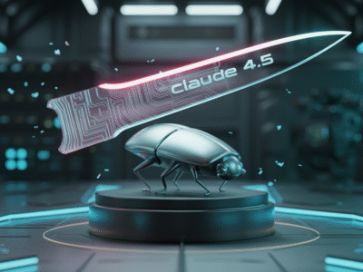 Un scarabée métallique brillant est posé sur un socle rond dans une pièce futuriste. Au-dessus de lui flotte un couteau lumineux étiqueté "claude 4.5" avec un design en forme de circuit, évoquant les thèmes de l'innovation numérique et de l'intelligence artificielle par Waikuu.