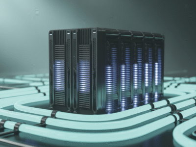 Un rack de serveurs moderne avec des lumières LED bleues se trouve sur un sol réfléchissant, entouré de câbles courbes illuminés - créant un environnement de centre de données high-tech et futuriste parfait pour une agence numérique telle que Waikuu. L'arrière-plan légèrement flou met en valeur les serveurs.