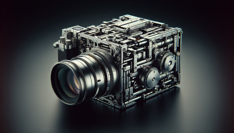 Un appareil photo futuriste construit à partir d'engrenages, de leviers et de tubes métalliques complexes dégage une ambiance mécanique et steampunk. Mis en évidence sur une surface sombre avec une vignette douce, il présente la conception complexe élaborée par les créateurs numériques de Waikuu.