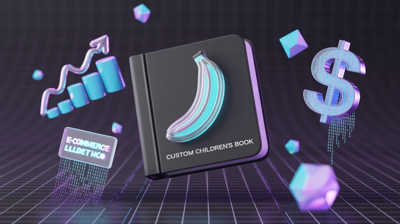 Image en 3D d'un livre futuriste pour enfants réalisé par Waikuu, avec une banane lumineuse sur la couverture et le titre "Custom Children's Book" (livre personnalisé pour enfants). Autour de lui, des icônes numériques : un signe de dollar, un diagramme à barres, des cubes flottants et un affichage "E-commerce".