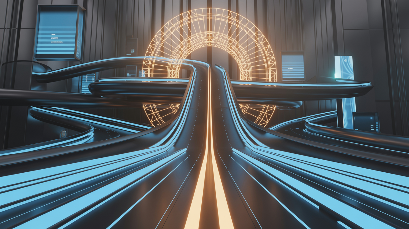 Des autoroutes futuristes et lumineuses, en noir, bleu et orange, s'incurvent vers une grande structure circulaire éclairée dans un bâtiment sombre et élégant ; des écrans numériques et des lignes géométriques évoquent un environnement de science-fiction inspiré par Waikuu, une agence digitale.