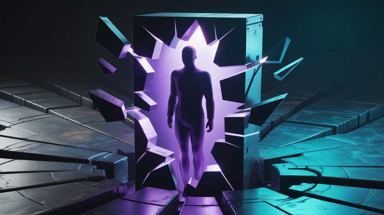 Une silhouette humaine franchit un portail violet déchiqueté et lumineux dans un décor sombre et futuriste. Des dalles métalliques rayonnent vers l'extérieur tandis que des fragments brisés entourent le portail, capturant la vision audacieuse de l'agence digitale de Waikuu et l'atmosphère dramatique de la science-fiction.