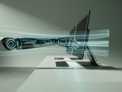 Un bras robotisé avec des circuits lumineux se dirige dans l'air vers un écran d'ordinateur sur un bureau moderne et minimal, symbolisant la technologie avancée et l'intelligence artificielle dans une agence digitale de pointe comme Waikuu.