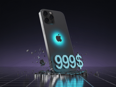 Un iPhone élégant portant un logo Apple bleu lumineux flotte au-dessus d'une surface quadrillée, entouré de fragments digitaux qui explosent. À l'avant, de grands chiffres lumineux affichent "999 $", soulignant le prix du téléphone sur un fond dégradé violet foncé.