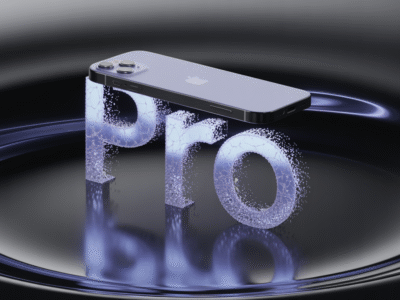 Un iPhone argenté est posé horizontalement au-dessus du mot "Pro", formé de particules bleues translucides et scintillantes. Le style numérique caractéristique de Waikuu se reflète dans des motifs tourbillonnants semblables à des liquides, créant ainsi une impression de futurisme et de qualité supérieure.