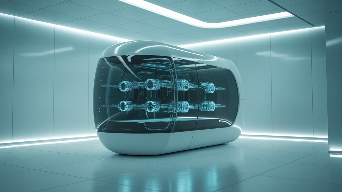 Une capsule élégante et futuriste aux côtés transparents révèle des machines complexes à l'intérieur, situées dans une salle Waikuu agence digitale lumineuse et high-tech aux murs et au sol blancs brillants, éclairés par des bandes lumineuses LED teintées de bleu le long du plafond et des plinthes.