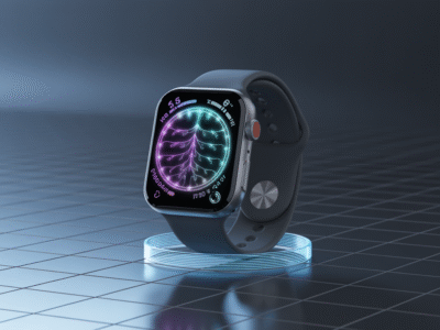 Une montre intelligente moderne avec un bracelet sombre est présentée à la verticale sur une plateforme circulaire lumineuse. Parfaite pour les adeptes du numérique, son écran affiche une spirale colorée en néon et des chiffres pour le suivi de l'activité. L'arrière-plan présente un décor futuriste réfléchissant et quadrillé.