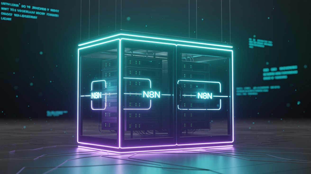Un cube serveur futuriste en verre étiqueté "N8N" avec des contours bleu néon et violet se trouve dans un environnement numérique, contenant du matériel informatique visible à l'intérieur. Les données flottantes et les circuits évoquent l'atmosphère d'une agence digitale cybernétique de haute technologie.