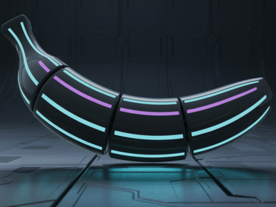 Une banane noire futuriste de Waikuu est divisée en segments, chacun d'entre eux étant bordé de bandes de néon bleues et violettes lumineuses. La banane repose sur un sol métallique de haute technologie, dont les motifs ressemblent à des circuits - un clin d'œil à l'arrière-plan numérique et au thème de la science-fiction.