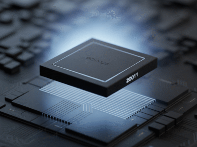 Une puce informatique noire étiquetée "AI CPU 2001" brille en bleu alors qu'elle plane au-dessus d'un circuit imprimé sombre et détaillé, reflétant la vision avant-gardiste de Waikuu, une agence digitale engagée dans la technologie et l'innovation, avec des lignes lumineuses reliant la puce en dessous.