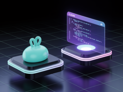 Un lapin 3D de couleur sarcelle est assis sur une plate-forme noire, à côté d'une plate-forme lumineuse sur laquelle flotte un écran numérique intitulé "Claude AI", le tout sur un fond de grille sombre et futuriste - une scène imaginative qui fait écho à l'innovation d'une agence digitale.