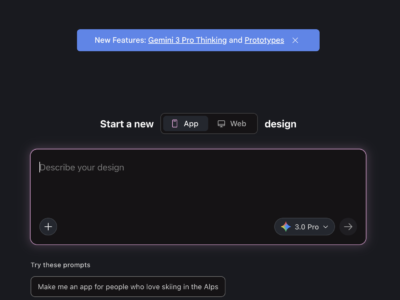 Une page web au thème sombre affiche une bannière bleue en haut annonçant "New Features : Gemini 1.5 Pro : Réflexion et prototypes". En dessous, des boutons permettant de lancer une nouvelle conception d'"application" ou de "site web" à l'aide de Google Stitch apparaissent, ainsi qu'une zone de texte invitant à "Décrire votre conception".