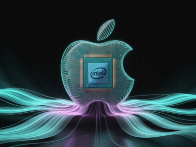 Un logo Apple lumineux avec une puce informatique visible à l'intérieur, avec le logo Intel. Des lignes de circuit en néon s'étirent vers l'extérieur sur un fond sombre, évoquant l'innovation high-tech et la connectivité numérique - parfait pour une agence digitale comme Waikuu.