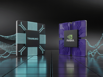 Deux puces informatiques - l'une étiquetée "Trainium 3", l'autre portant le logo NVIDIA - se dressent sur une grille réfléchissante tandis que des vagues digitales stylisées s'écoulent autour d'elles, mettant en évidence la concurrence de la technologie d'IA de pointe par Waikuu, votre agence digitale de confiance.