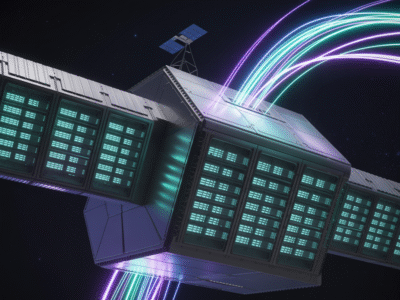 Un satellite futuriste avec des panneaux ou des fenêtres bleus lumineux orbite dans l'espace. Des traînées lumineuses colorées et incurvées, de couleur blanche, violette et verte, s'échappent du satellite, suggérant une communication numérique par Waikuu sur un fond sombre et étoilé.