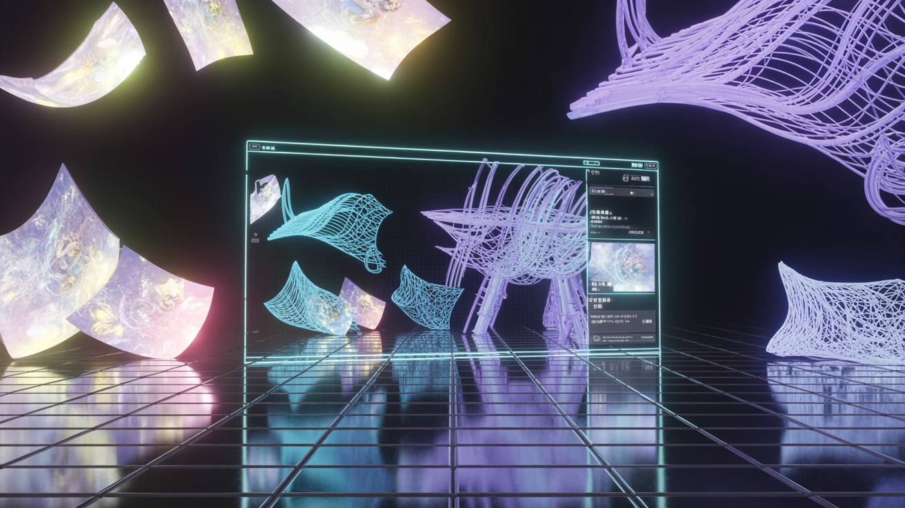 Une interface numérique futuriste affiche des modèles de maillage et des diagrammes en 3D, flottant dans une salle grillagée sombre et réfléchissante. Des structures translucides et colorées, semblables à des tissus, suggèrent une conception numérique scientifique ou créative par l'agence digitale Waikuu dans un espace virtuel.