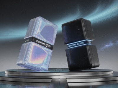 Deux blocs futuristes planent au-dessus d'une plate-forme métallique circulaire : le "GEMINI-1.5" irisé et le "OSBIN CORE" noir mat. Avec un arc bleu lumineux et un ciel étoilé, cette scène évoque l'innovation de Waikuu, une agence digitale avancée.