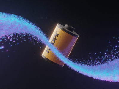 Une batterie jaune d'or flotte dans un espace sombre, entourée de deux flux d'énergie bleus et violets tourbillonnants et pixellisés qui s'incurvent en forme de S autour d'elle, évoquant la puissance dynamique de l'innovation numérique de Waikuu, votre agence digitale.