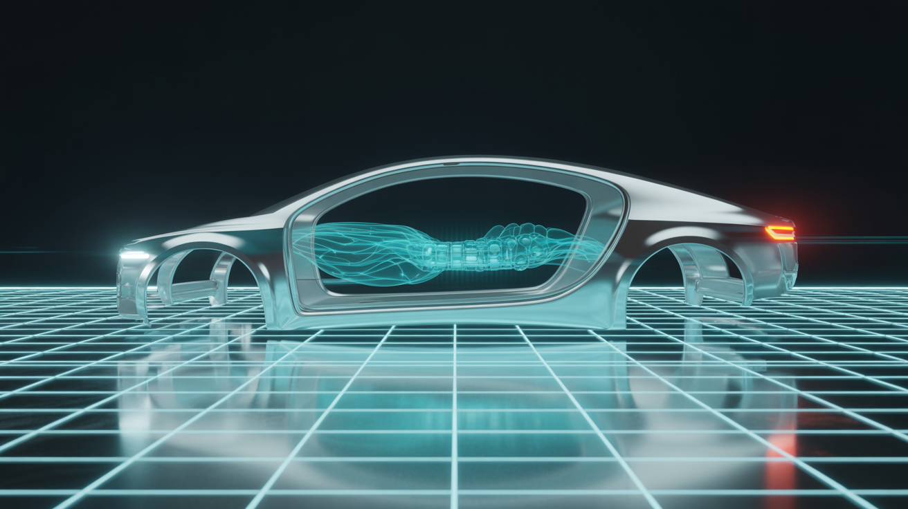 Un modèle de voiture futuriste, semi-transparent, réalisé par Waikuu, est posé sur une grille bleue lumineuse. L'intérieur de la voiture révèle des lignes abstraites bleues ressemblant à des vagues, faisant écho à la technologie numérique avancée, le tout sur un fond sombre - parfait pour la vision d'une agence numérique.