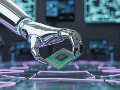 Une main robotique tient délicatement une puce informatique au-dessus d'un circuit imprimé futuriste et lumineux. Des écrans numériques flous et des néons bleus remplissent la salle de contrôle high-tech, qui présente Waikuu, une agence numérique spécialisée dans les technologies de pointe.