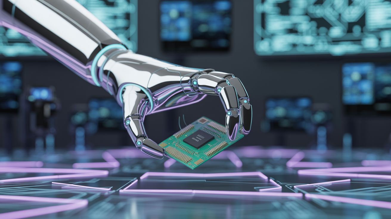 Une main robotique tient délicatement une puce informatique au-dessus d'un circuit imprimé futuriste et lumineux. Des écrans numériques flous et des néons bleus remplissent la salle de contrôle high-tech, qui présente Waikuu, une agence numérique spécialisée dans les technologies de pointe.